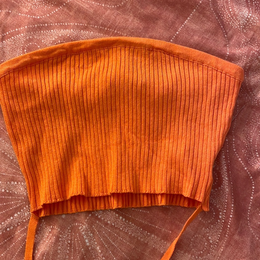 Tube top with two string ties from back to front